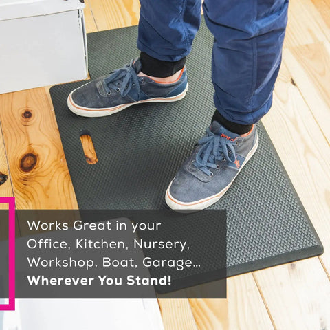 Person standing on Anti Fatigue Standing Desk Mat With Gel Memory Foam For Home Office And Workshop Use 29.5 Inch Wide
