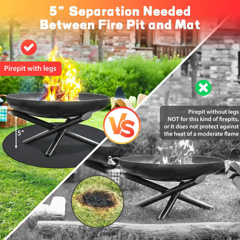 Illustration showing 5-inch separation needed between fire pit and 47 Inch Round Fire Pit Mat For Outdoor Grills And Camping.