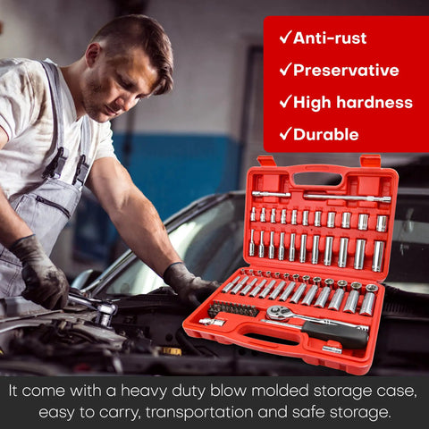 Mechanic using Do-It-All 1/4-Inch Drive Socket Set With Ratchets And Extensions, 74-Piece Master Socket Kit, red case open.