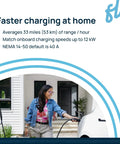 Fhome X3 Level 2 Ev Charger For Home Use With 12 Kw Power Output delivers 50 Amps at 240 Volts in use by a smiling woman.