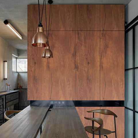 Walnut Wood Grain Peel And Stick Contact Paper on kitchen cabinets, showing self adhesive vinyl application, 17.71x118 inches