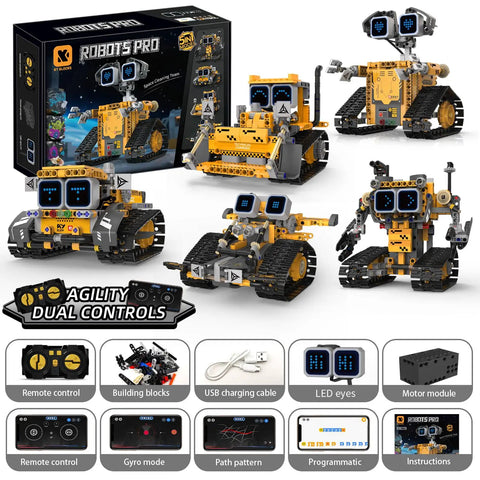 Robot Building Kit 5 In 1 STEM Toys With Remote And App Control For Kids 373 Pieces Featuring 16 LED Expressions, Awesome Christmas And Birthday Gift For Teens Boys And Girls, Hands On Tech Fun. 373-piece plastic robot set with dual controls and LED eyes