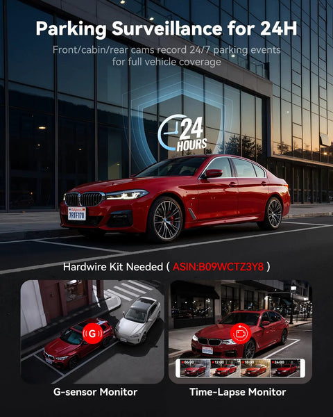 Car on street with 4K Three Channel Dash Cam With Front, Cabin And Rear Cameras, HDR WDR Night Vision, displaying G-sensor and time-lapse monitor