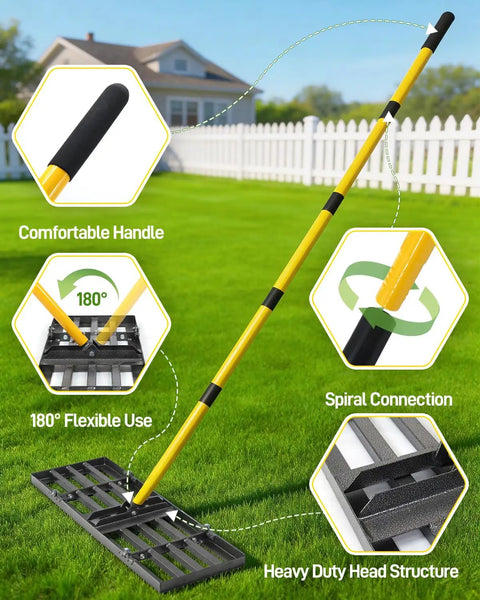 30 Inch Lawn Leveling Rake With 78 Inch Adjustable Steel Handle, Heavy Duty Yard Leveler for Soil Sand Dirt Grass on lawn