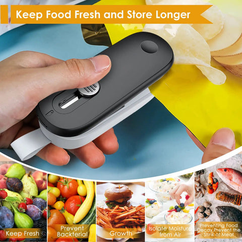 Super Slick Mini Heat Sealer With Built In Cutter That Reseals Chip Bags Smoothly Keeps Snacks Fresh Without The Mess being used on a chip bag.