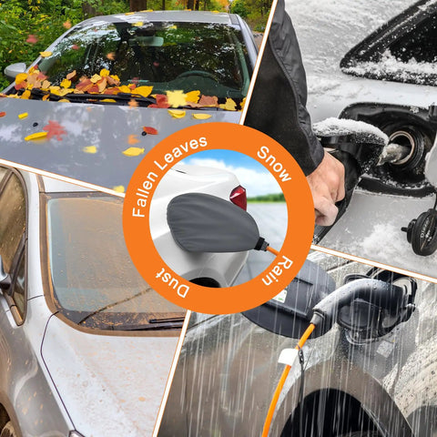 Heavy Duty Magnetic Ev Charger Port Cover For Electric Vehicles With Dual Flex Strips To Squash Dust And Moisture In A Sleek Grey Build protecting charging port from dust, rain, and snow.