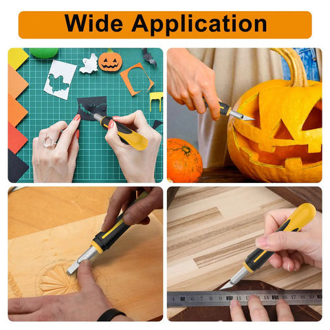 Pro Grade 16 Piece Hobby Knife Set With Interchangeable Blades Ergonomic Grip Anti Slip Handle Includes 13 High Carbon Steel Blades in use for crafting and pumpkin carving