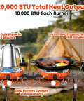 Powerful 20,000 BTU Dual Burner Propane Camping Stove in use, with kettle and grill pan, foldable for easy transport during camping.