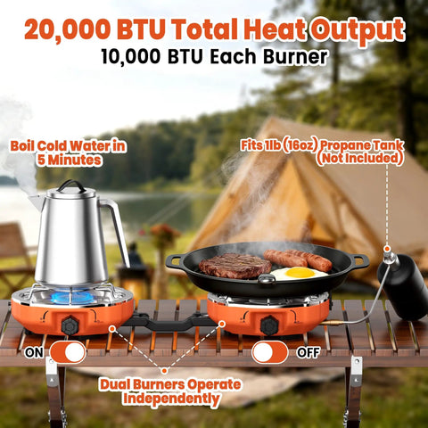 Powerful 20,000 BTU Dual Burner Propane Camping Stove in use, with kettle and grill pan, foldable for easy transport during camping.