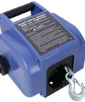 Must-Have Reversible 12V Electric Winch With Wireless Remote For Heavy Duty Trailer And Offroad Recovery Pulling Up To 2000lbs Towing Power showing blue portable winch with hook.