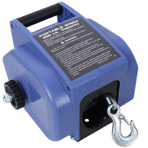 Must-Have Reversible 12V Electric Winch With Wireless Remote For Heavy Duty Trailer And Offroad Recovery Pulling Up To 2000lbs Towing Power showing blue portable winch with hook.