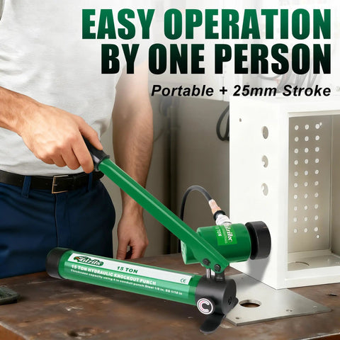 Electrician using Fifteen Ton Heavy Duty Hydraulic Knockout Punch Kit One Half Inch To Four Inch Type D on electrical panel