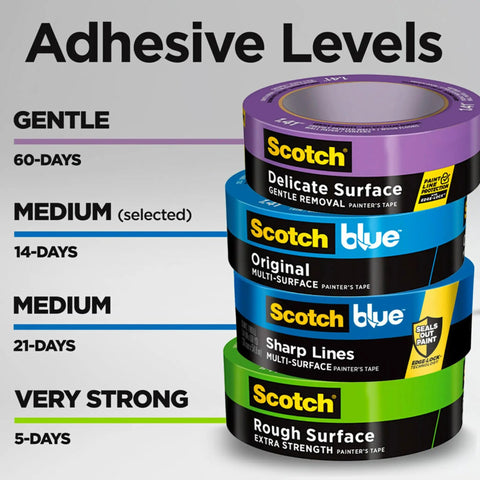 Scotch brand tape rolls with adhesive level description chart showing gentle to very strong adhesive durations.