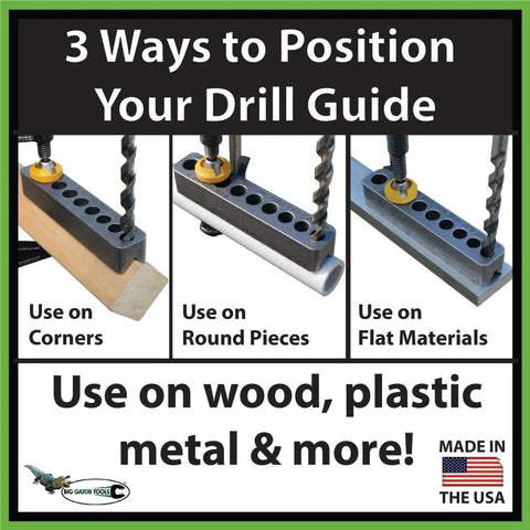 Pro Grade Drill Guide With Seventeen Size Range From 1/8 To 3/8 In 1/64 Increments, Ideal For Flat Surfaces, Round Parts And Corners