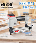 Hustle Ready 18 Gauge Pneumatic Brad Nailer With Beefy Aluminum Body And Comfort Grip Straight Shooting Nail Gun on wooden surface.