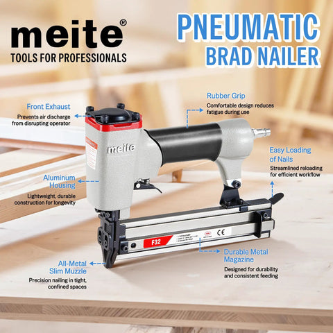 Hustle Ready 18 Gauge Pneumatic Brad Nailer With Beefy Aluminum Body And Comfort Grip Straight Shooting Nail Gun on wooden surface.