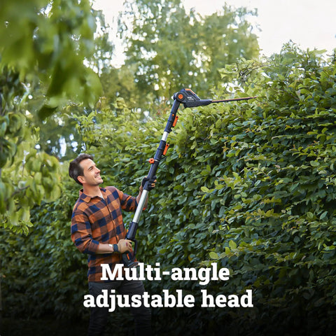 Man using Cordless 20V Hedge Trimmer With 10 Position Adjustable Head, 2 In 1 Attachment Capable Design for overhead trimming.