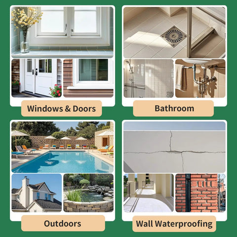 Collage of home improvement areas including Windows & Doors, Bathroom, Outdoors, and Wall Waterproofing for sealant use.