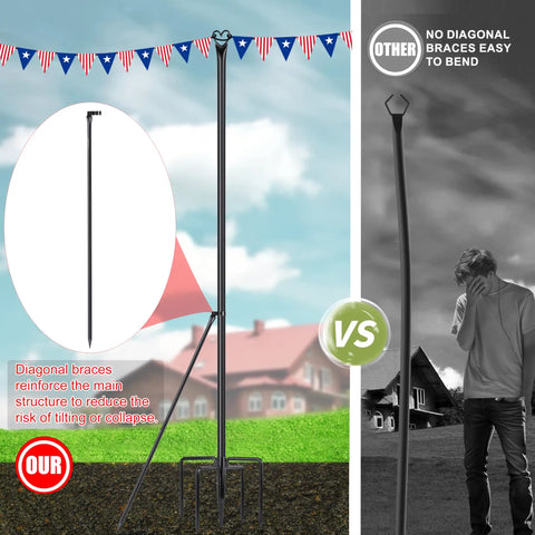 Comparison of sturdy outdoor string light poles with diagonal braces vs. bending poles, shows 5-prong base and U bracket.