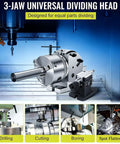 Heavy Duty Dividing Head Kit Featuring Rock Solid Rotary Indexing Slick 3 Jaw Chuck Tailstock And Precision Plates For Any CNC Mill Drill Or Grind Shop Project, shown on milling machine.