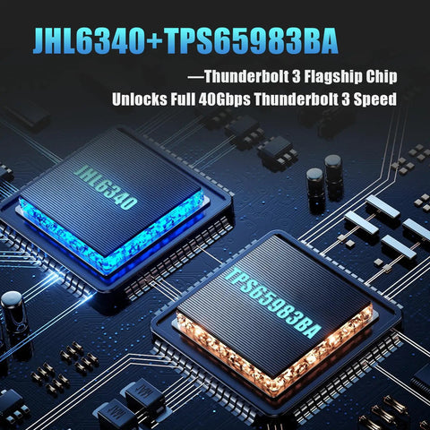 JHL6340 and TPS65983BA chips on a circuit board, featuring Thunderbolt 4 support for Speed Demon M2 Nvme Ssd Enclosure.