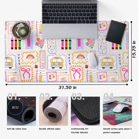 Pink Cute Desk Pad 31.5 By 15.7 Inches Large Mouse Pad For Keyboard And Mouse, Teacher Desk Pad, Back To School Gift