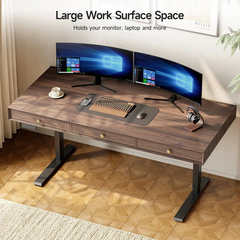 Classic Mid Century Modern Electric Standing Desk 63 Inch with Three Storage Drawers in walnut finish, showcasing dual monitor setup.