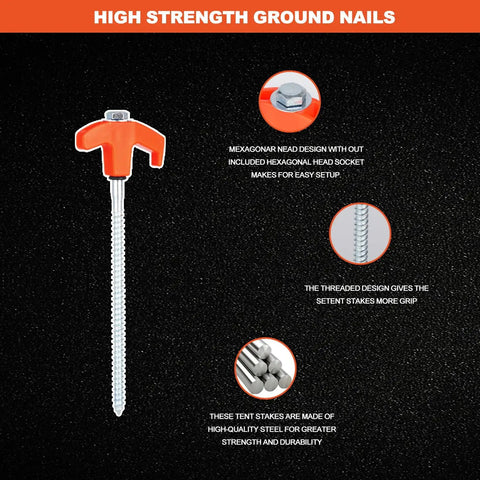 Heavy Duty Screw In Tent Stakes Pack Of 12 8 Inch Ground Anchors with hex head driver on black background