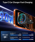Four Port 90W Car Charger With Dual USB C And USB A Ports Delivers Fast PD 45W And QC 45W Charging visual with phone and specs