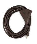 25-Foot Brown Heavy Duty Indoor Outdoor Extension Cord With 3-Prong Splitter coiled with visible plug and connector
