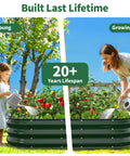 Sturdy Galvanized Steel Raised Garden Bed With 12 Inch Depth Oval Open Bottom Design Yard Ready No Fuss For Outdoor Veggies And Herbs 4X2 Foot Frame Easy Ground Level Gardening Forest Green with plants and people watering