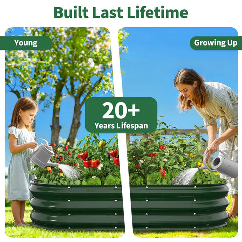 Sturdy Galvanized Steel Raised Garden Bed With 12 Inch Depth Oval Open Bottom Design Yard Ready No Fuss For Outdoor Veggies And Herbs 4X2 Foot Frame Easy Ground Level Gardening Forest Green with plants and people watering