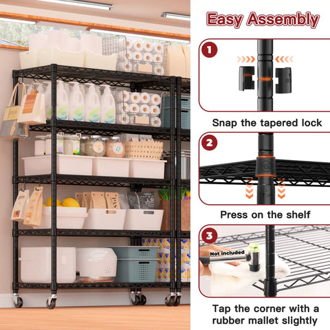 74 Inch High Wire Shelving With Wheels Beefy Heavy Duty 5 Tier Storage Rack That Holds Up To 1250 Lbs Total 250 Lbs Per Shelf Open Alloy Steel Shelving For Garage Workshop Basement, black wire rack on wheels in pantry