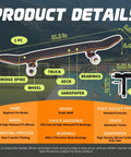 Infographic of Double Kick 31-Inch Maple Deck Skateboard With ABEC-9 Bearings And 95A PU Wheels, T-Tool Included, product details shown