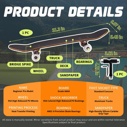 Infographic of Double Kick 31-Inch Maple Deck Skateboard With ABEC-9 Bearings And 95A PU Wheels, T-Tool Included, product details shown