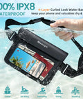 2 Pack Waterproof Fanny Packs For Women And Men With IPX8 Submersible Dry Pouch Belt Bag in water holding phone and passport.
