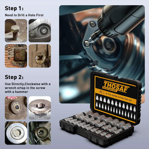 25 Piece Screw Extractor Set With Multispline And Hex Head For Removing Broken Studs Bolts And Screws From One Eighth Inch To Seven Eighths Inch In One Thirty Second Inch Increments A Solid Tools Gift For Handy Men shown with case and instructions