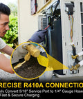 Man using R410a Mini Split HVAC Adapter For Quick Couplers on AC unit for easy recharging and leak-resistant connection.