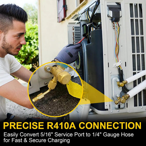 Man using R410a Mini Split HVAC Adapter For Quick Couplers on AC unit for easy recharging and leak-resistant connection.
