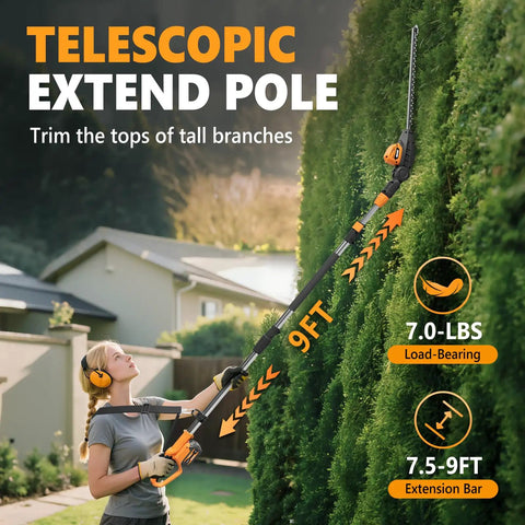 Person using 20V Cordless Pole Hedge Trimmer With Two 4.0Ah Batteries And Charger, 9 Foot Reach, 16 Inch Dual Action Steel Blades on hedge