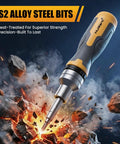 Professional 16 In 1 Ratcheting Multi Bit Screwdriver Set With Premium Hardened S2 Steel Bits and Nickel Coated Rust Proof Finish Includes 1 4 And 5 16 Nut Drivers The No Sweat Workhorse Tool For Heavy Lifting And Weekend Builds. S2 alloy steel bits highlighted with explosive visuals.