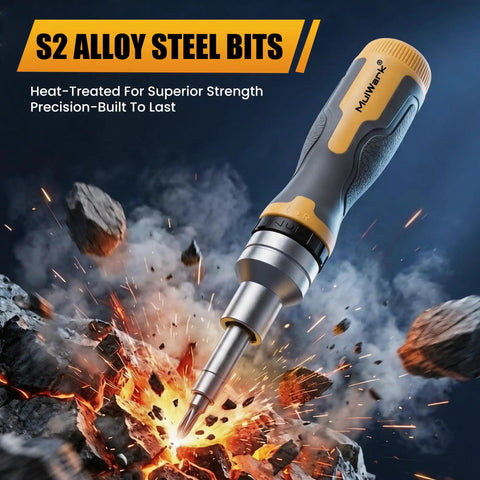 Professional 16 In 1 Ratcheting Multi Bit Screwdriver Set With Premium Hardened S2 Steel Bits and Nickel Coated Rust Proof Finish Includes 1 4 And 5 16 Nut Drivers The No Sweat Workhorse Tool For Heavy Lifting And Weekend Builds. S2 alloy steel bits highlighted with explosive visuals.