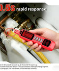 Portable Multi Gas Detector With Quick Response Sensor And Sound And Light Alarm Sniffs Out Methane Propane Natural Gas And Other Flammable Gases Includes Two Batteries Red Ideal For Home And Small Shop Safety held in hand near gas pipes