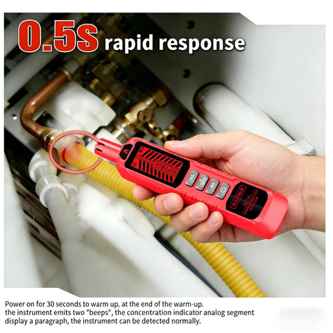 Portable Multi Gas Detector With Quick Response Sensor And Sound And Light Alarm Sniffs Out Methane Propane Natural Gas And Other Flammable Gases Includes Two Batteries Red Ideal For Home And Small Shop Safety held in hand near gas pipes