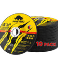 Ten Pack Of Four And A Half Inch Metal Grinding Wheels For Angle Grinders Featuring Industrial Grade Aluminum Oxide in stack.