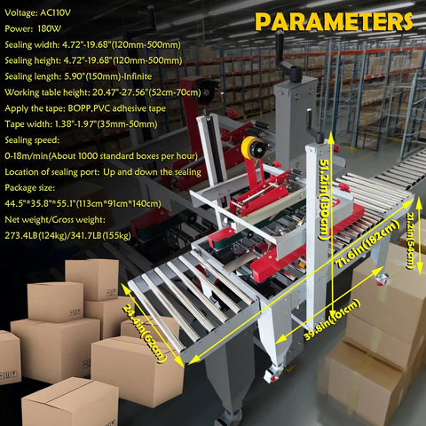 Pro Grade Automatic Carton Sealer Featuring Double Flap Tape Sealing Machine with adjustable opening and conveyor for fast sealing.