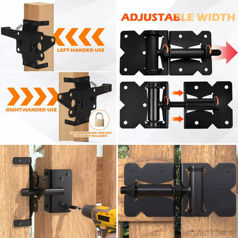 Heavy Duty Self Closing Gate Hinge And Latch Kit for Wooden Vinyl and PVC Fences, showcasing adjustable width and mounting options