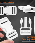 Close-up of heavy-duty white dual adjustable side release buckles from 1 Inch White Polyester Webbing Strap Kit with 10 Yards