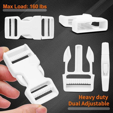 Close-up of heavy-duty white dual adjustable side release buckles from 1 Inch White Polyester Webbing Strap Kit with 10 Yards