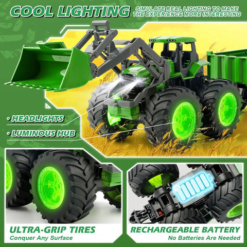 Kid Friendly Upgrade Remote Control Tractor Playset With Front Loader Trailer And Working Lights 2.4GHz RC Farm Vehicle Toys